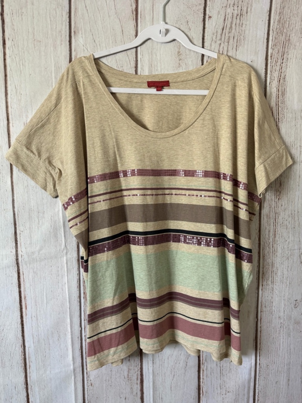 One September Anthropologie Striped Sequin Accented Scoop
Neck Tee Size L NWOT